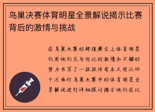 鸟巢决赛体育明星全景解说揭示比赛背后的激情与挑战