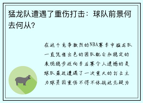 猛龙队遭遇了重伤打击：球队前景何去何从？