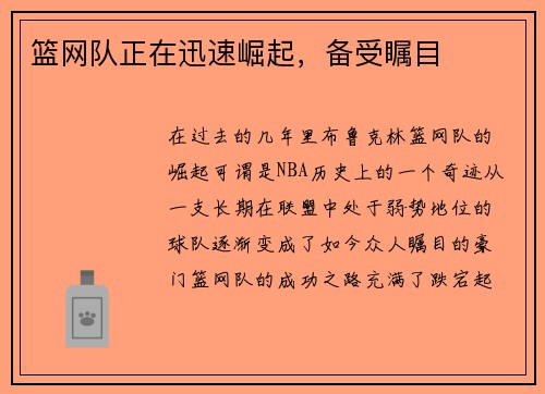 篮网队正在迅速崛起，备受瞩目
